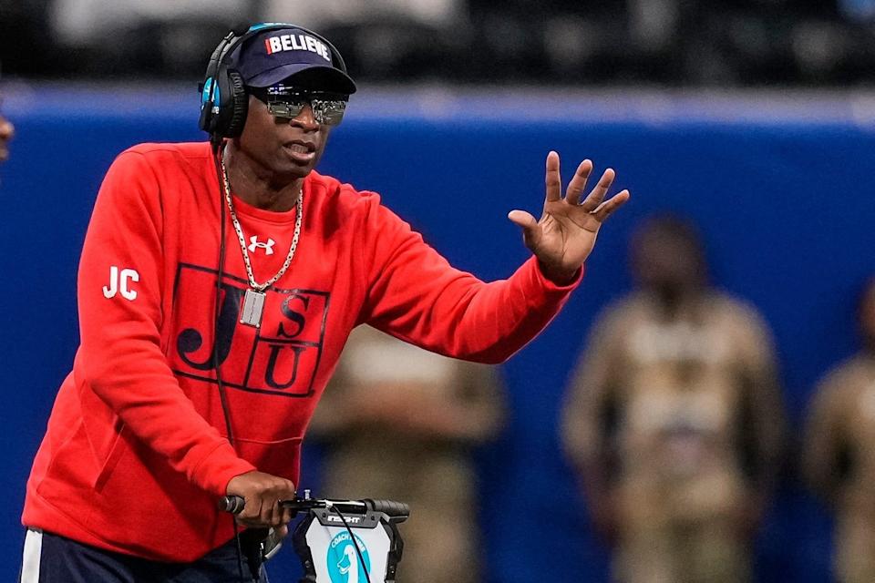 Jackson State Tigers head coach Deion Sanders reacts on the sidelines during the 2021 Celebration Bowl at Mercedes-Benz Stadium.