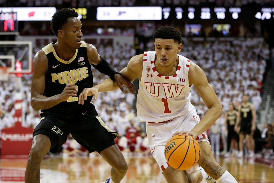 Johnny Davis #1 of the Wisconsin Badgers drives to the basket during the second half of an NCAA game against the Purdue Boilermakers on March 01. (John Fisher/Getty Images)