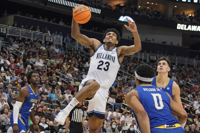 Villanova 's Jermaine Samuels (23) plays during the second half of a college basketball game against Delaware.