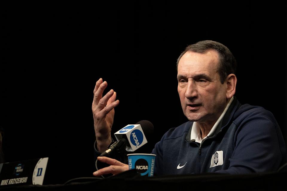 Mike Krzyzewski addresses the media at a press conference Wednesday at Chase Center in San Francisco.