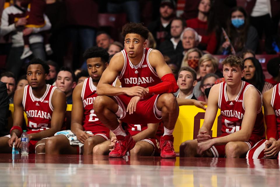 Rob Phinisee of the Indiana Hoosiers looks on against the Minnesota Golden Gophers in the second half of the game at Williams Arena on February 27, 2022 in Minneapolis, Minnesota. The Hoosiers defeated the Golden Gophers 84-79.