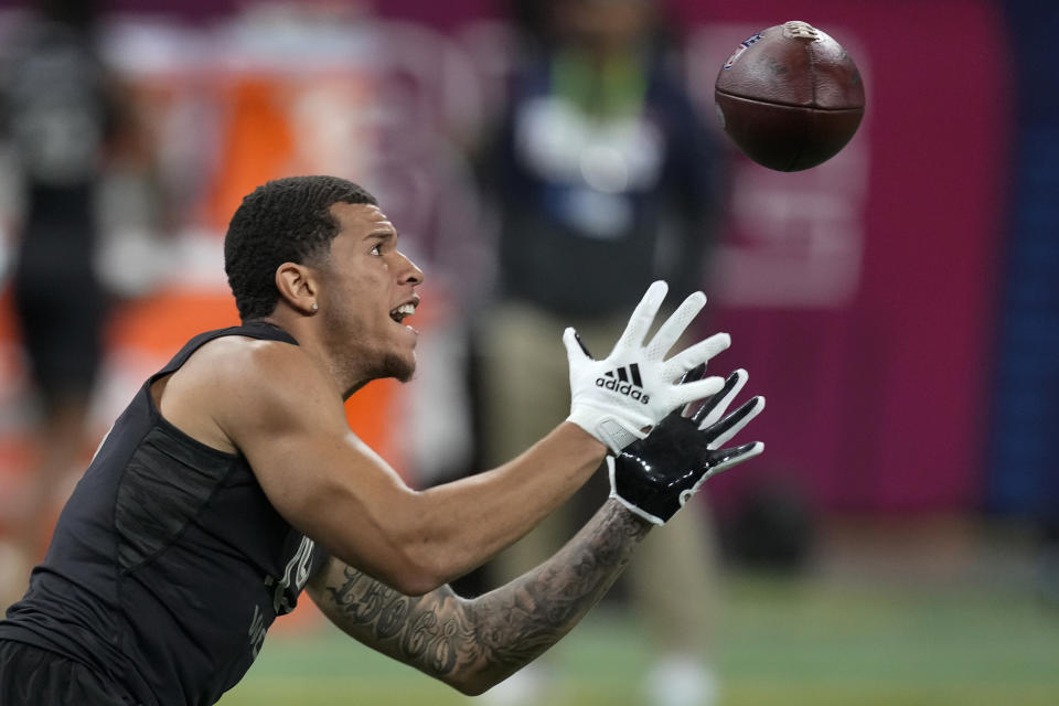 Western Michigan wide receiver Skyy Moore helped his draft stock in Indianapolis. (AP Photo/Charlie Neibergall)