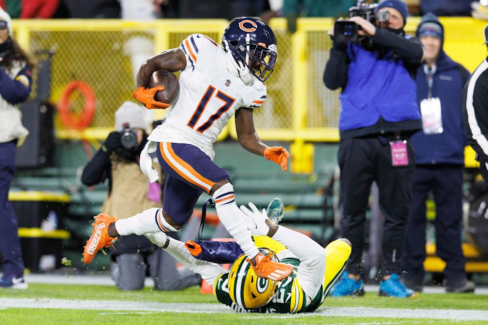 Chicago Bears wide receiver Jakeem Grant Sr. (17) rushes for a touchdown after catching a pass during the second quarter against the Green Bay Packers at Lambeau Field.