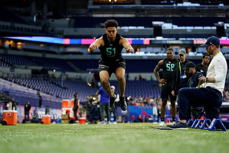 Notre Dame's Kyle Hamilton participates in the broad jump at the NFL scouting combine in Indianapolis, March 6, 2022.