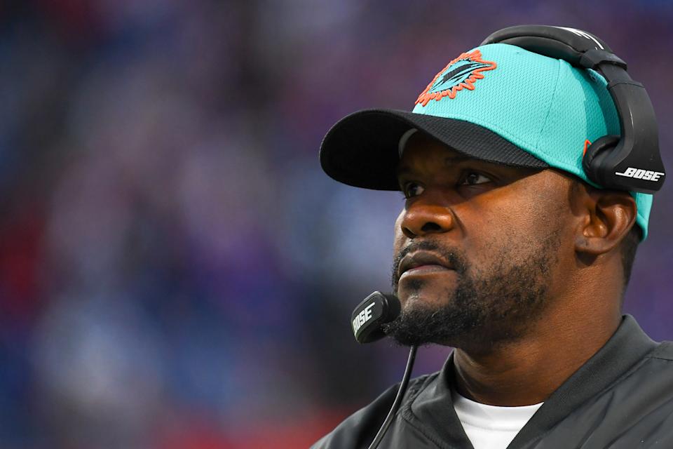 Oct 31, 2021; Orchard Park, New York, USA; Miami Dolphins head coach Brian Flores looks on against the Buffalo Bills during the second half at Highmark Stadium. Mandatory Credit: Rich Barnes-USA TODAY Sports