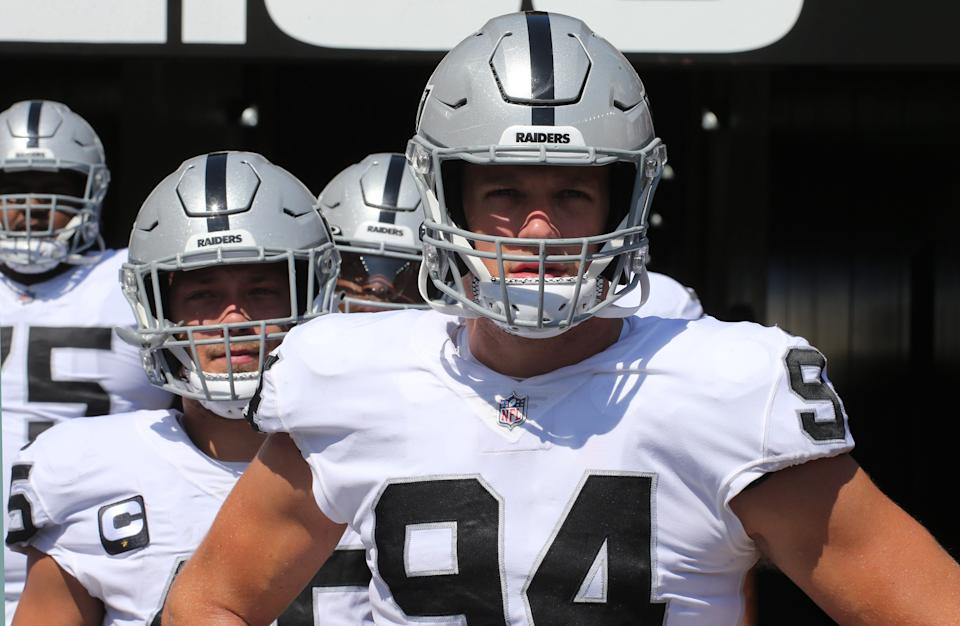 Las Vegas Raiders defensive end Carl Nassib (94) looks on from the tunnel before playing the Pittsburgh Steelers at Heinz Field.
