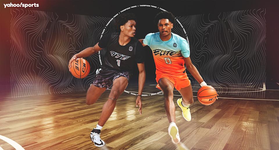 Amen Thompson, left, and his twin brother, Ausar, are playing in the inaugural Overtime Elite season on different teams as they gear up for the 2023 NBA draft. (Graphic by Amber Matsumoto/Yahoo Sports)