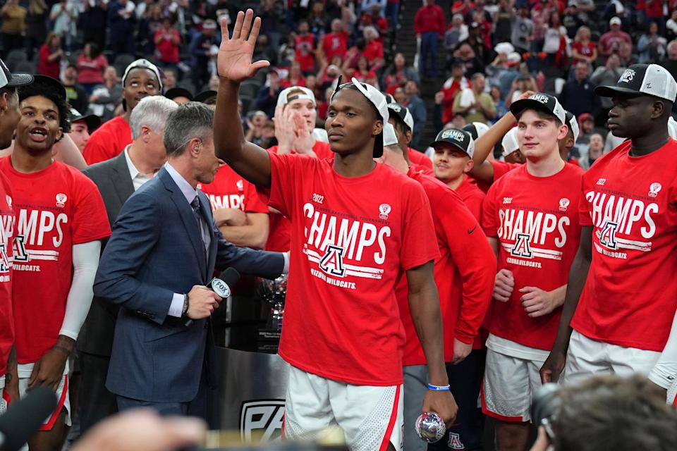 Arizona guard Bennedict Mathurin, center, was named Most Outstanding Player as the Wildcats won the Pac-12 Tournament.