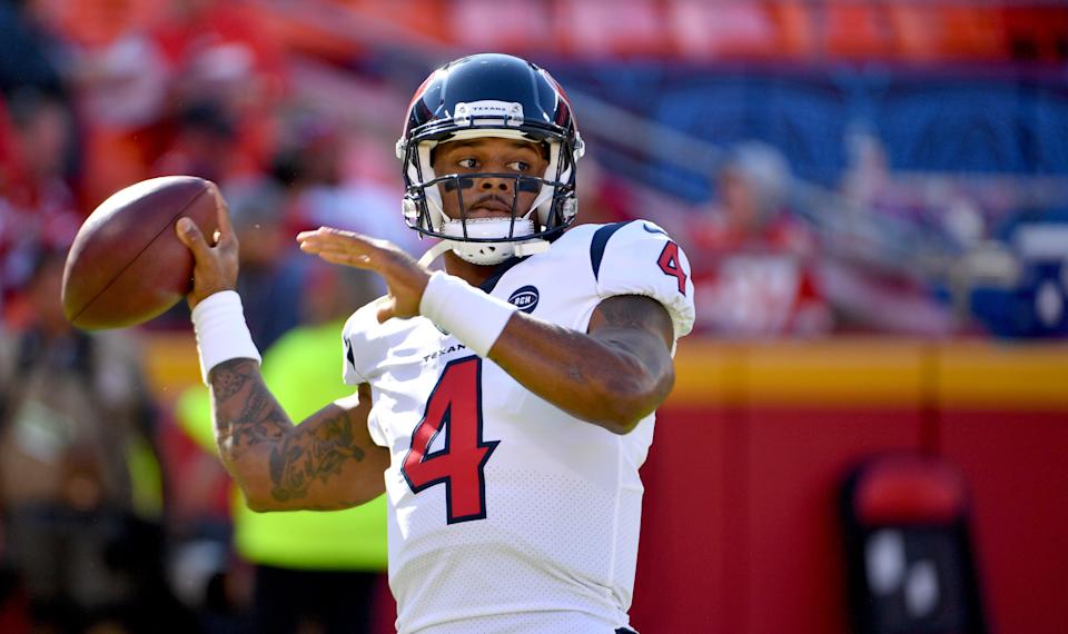 Houston Texans quarterback Deshaun Watson (4) warms up before the game against the Kansas City Chiefs at Arrowhead Stadium.