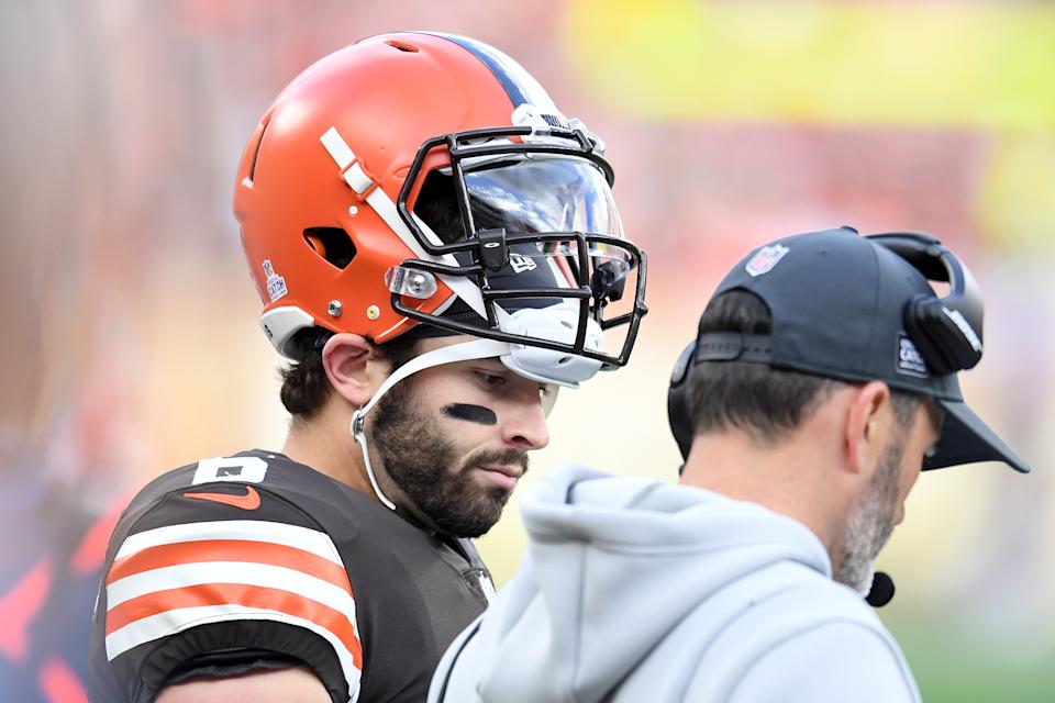 Baker Mayfield won't be with the Browns next season, that much is clear. What isn't is how exactly Cleveland will part ways with him. (Photo by Nick Cammett/Getty Images)