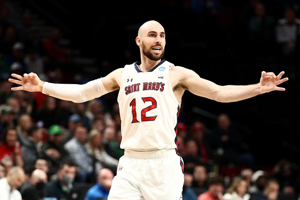 PORTLAND, OREGON - MARCH 17: Tommy Kuhse #12 of the St. Mary's Gaels reacts after a three point basket against the Indiana Hoosiers in the first round game of the 2022 NCAA Men's Basketball Tournament at Moda Center on March 17, 2022 in Portland, Oregon. (Photo by Ezra Shaw/Getty Images)