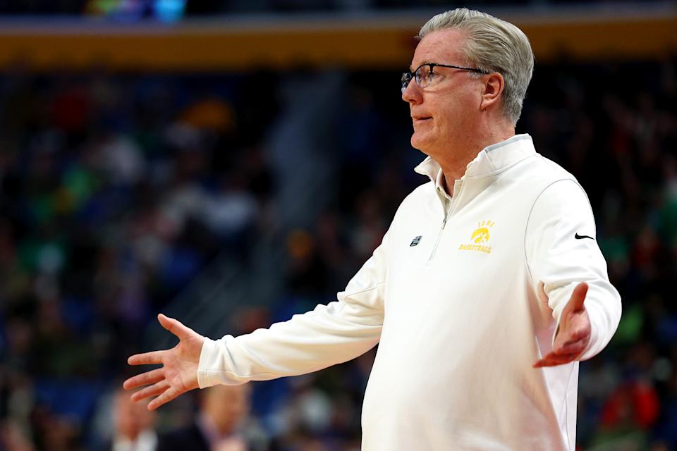 BUFFALO, NEW YORK - MARCH 17: Head coach Fran McCaffery of the Iowa Hawkeyes reacts to a play during the first half against the Richmond Spiders in the first round game of the 2022 NCAA Men's Basketball Tournament at KeyBank Center on March 17, 2022 in Buffalo, New York. (Photo by Elsa/Getty Images)