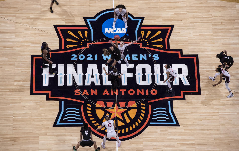 The South Carolina Gamecocks and the Stanford Cardinal during tip off of the 2021 NCAA women's Final Four on April 2, 2021, at Alamodome in San Antonio, Texas. (Ben Solomon via Getty Images)
