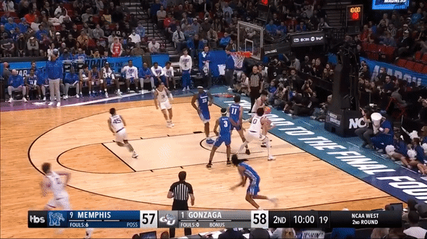 Gonzaga's Rasir Bolton hits a transition 3-pointer during a win over Memphis. (Credit: TBS/March Madness Live)