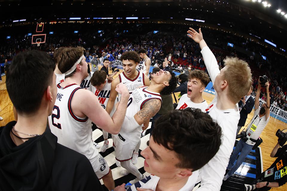 Gonzaga celebrates after a win over Memphis in the second round of the 2022 NCAA men's basketball tournament. (Jamie Schwaberow/NCAA Photos via Getty Images)
