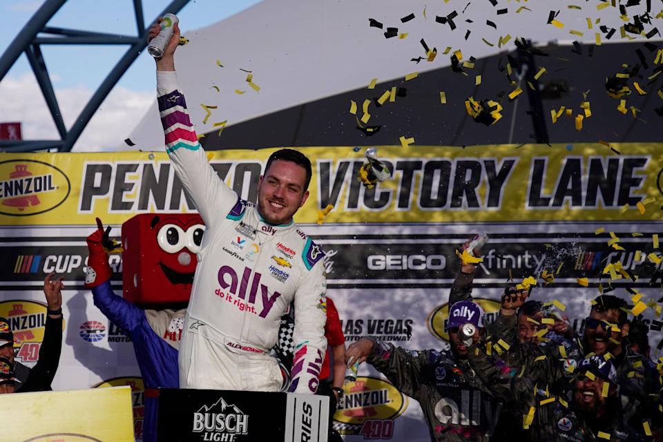 Alex Bowman (48) celebrates after winning a NASCAR Cup Series auto race Sunday, March 6, 2022, in Las Vegas. (AP Photo/John Locher)