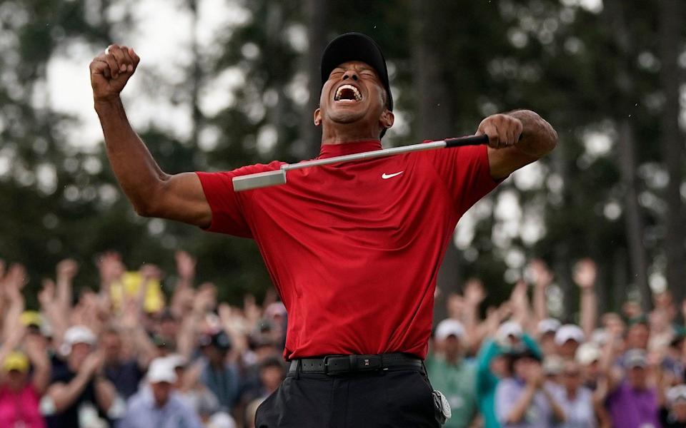 Tiger Woods reacts as he wins the Masters golf tournament in Augusta - AP