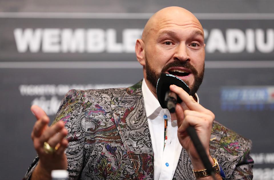 LONDON, ENGLAND - MARCH 01: Tyson Fury looks on during the Tyson Fury v Dillian Whyte press conference at Wembley Stadium on March 01, 2022 in London, England. (Photo by James Chance/Getty Images)