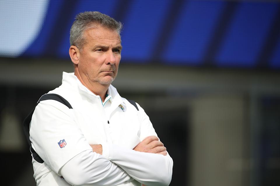 INGLEWOOD, CA - DECEMBER 5: Jacksonville Jaguars head coach Urban Meyer before the Jacksonville Jaguars vs Los Angeles Rams game on Sunday December 5, 2021 at SoFi Stadium in Inglewood, CA. (Photo by Jevone Moore/Icon Sportswire via Getty Images)