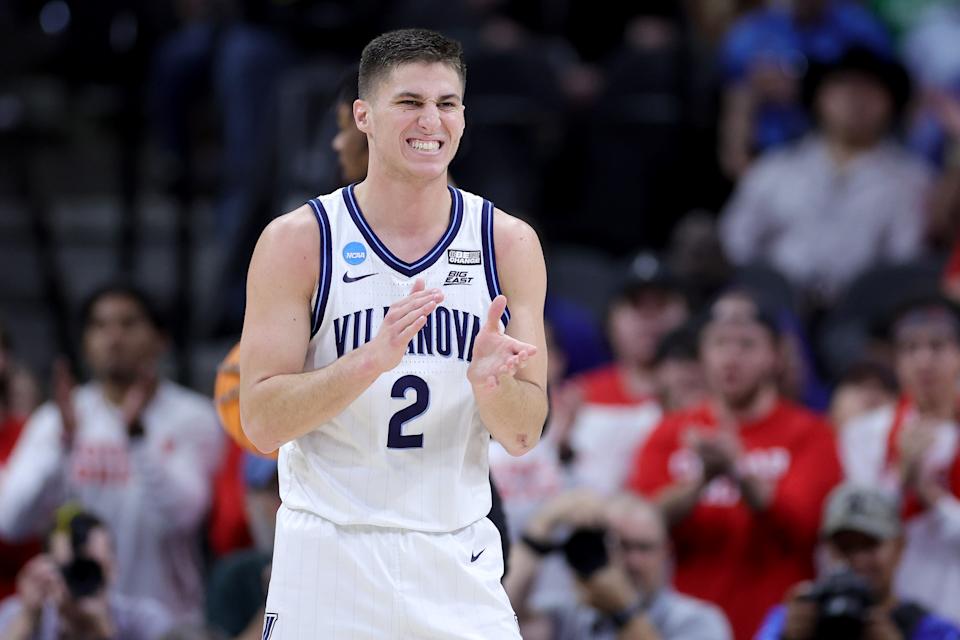 SAN ANTONIO, TEXAS - MARCH 26: Collin Gillespie #2 of the Villanova Wildcats reacts during the second half against the Houston Cougars in the NCAA Men's Basketball Tournament Elite 8 Round at AT&T Center on March 26, 2022 in San Antonio, Texas. (Photo by Carmen Mandato/Getty Images)