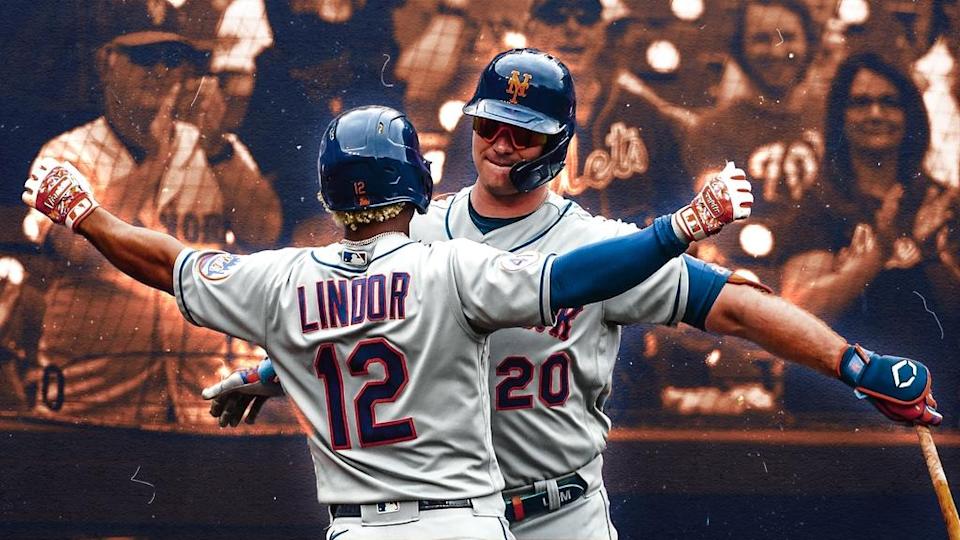 Pete Alonso Francisco Lindor chest bump treated art 2021 in color