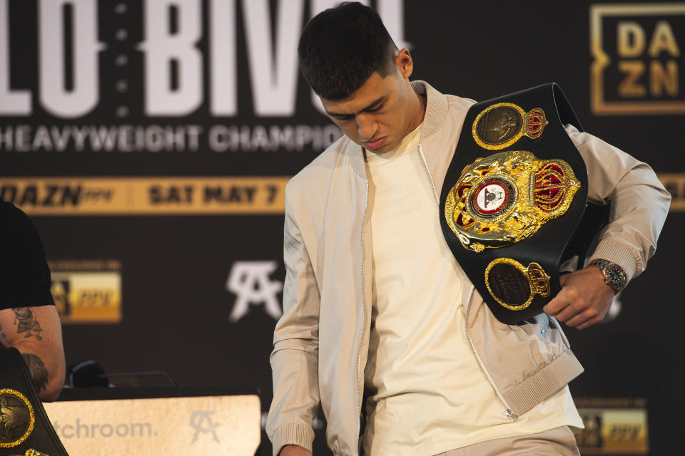 SAN DIEGO, CA - MARCH 02: Boxer Dmitry Bivol poses for photos at the press conference announcing the Canelo Alvarez v Dmitry Bivol fight on May 7th, 2022 at the Sheraton Hotel on March 2, 2022 in San Diego, California. (Photo by Matt Thomas/Getty Images) ***Local Caption***
