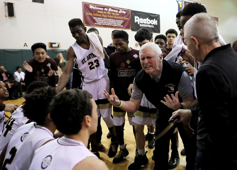 JERSEY CITY, NJ - MARCH 03: Head coach Bob Hurley of the St. Anthony Friars talks with his players during a time out in the first half against the Monclair Immaculate Lions during the 2017 NJSIAA Boy's Basketball North B Tournament Quarterfinals at C.E.R.C. on March 3, 2017 in Jersey City, New Jersey.The St. Anthony Friars defeated the Monclair Immaculate Lions 66-52. (Photo by Elsa/Getty Images)