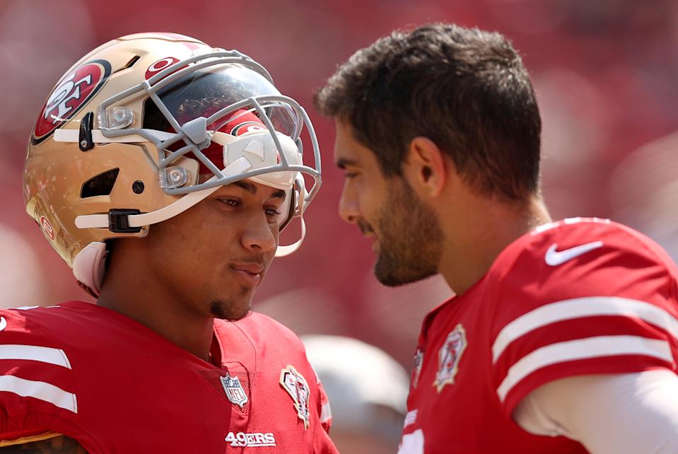 When San Francisco traded a haul of draft picks to move up to No. 3 and ultimately selected Trey Lance, the presumption was Jimmy Garoppolo wouldn't be with the 49ers much longer. But he's still around, and may be for awhile yet. (Photo by Ezra Shaw/Getty Images)