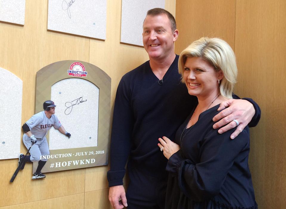 Former Cleveland slugger Jim Thome and his wife, Andrea, pose in the Plaque Gallery during his orientation tour of the National Baseball Hall of Fame and Museum in 2018.