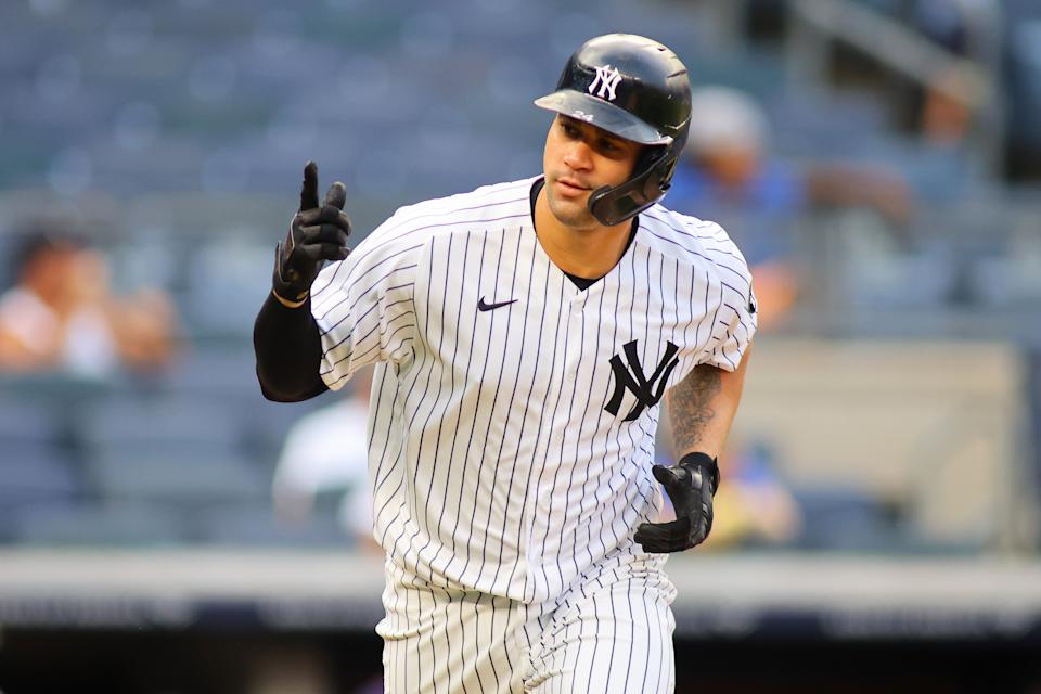 NEW YORK, NEW YORK - SEPTEMBER 13: Gary Sanchez #24 of the New York Yankees celebrates after hitting a walk-off single in the bottom of the tenth inning against the Minnesota Twins at Yankee Stadium on September 13, 2021 in New York City. (Photo by Mike Stobe/Getty Images)