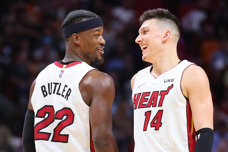 Jimmy Butler, Tyler Herro and the Miami Heat locked up the Eastern Conference's No. 1 seed for the NBA postseason. (Michael Reaves/Getty Images)