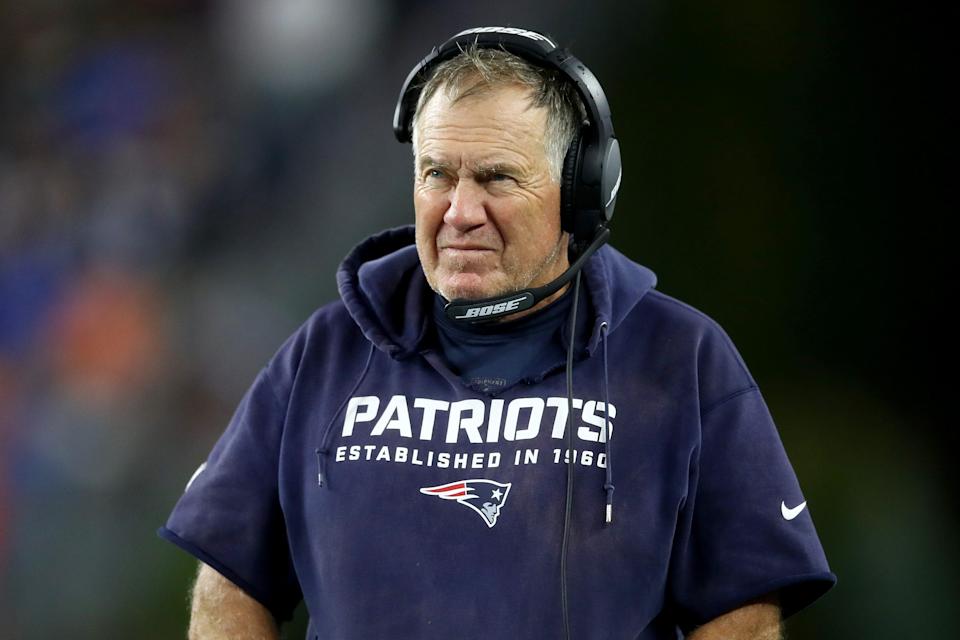 Head coach Bill Belichick of the New England Patriots looks on against the Tampa Bay Buccaneers during the second half at Gillette Stadium on October 03, 2021 in Foxborough, Massachusetts.