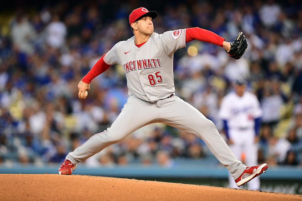 Apr 14, 2022; Los Angeles, California, USA; Cincinnati Reds relief pitcher Luis Cessa (85) throws against the Los Angeles Dodgers during the first inning at Dodger Stadium.