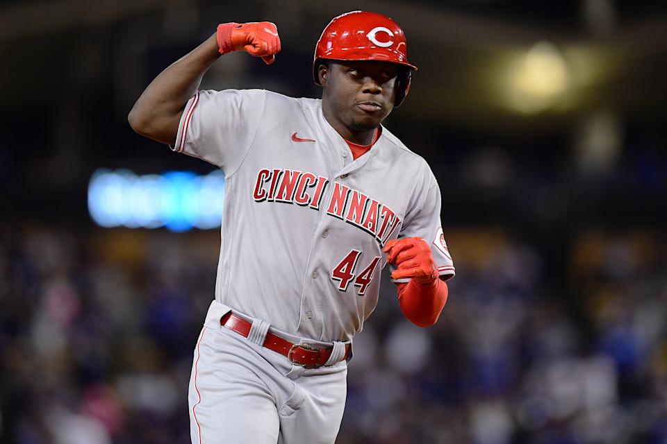 Apr 14, 2022; Los Angeles, California, USA; Cincinnati Reds left fielder Aristides Aquino (44) rounds the bases after hitting a two run home run against the Los Angeles Dodgers during the sixth inning at Dodger Stadium. Mandatory Credit: Gary A. Vasquez-USA TODAY Sports