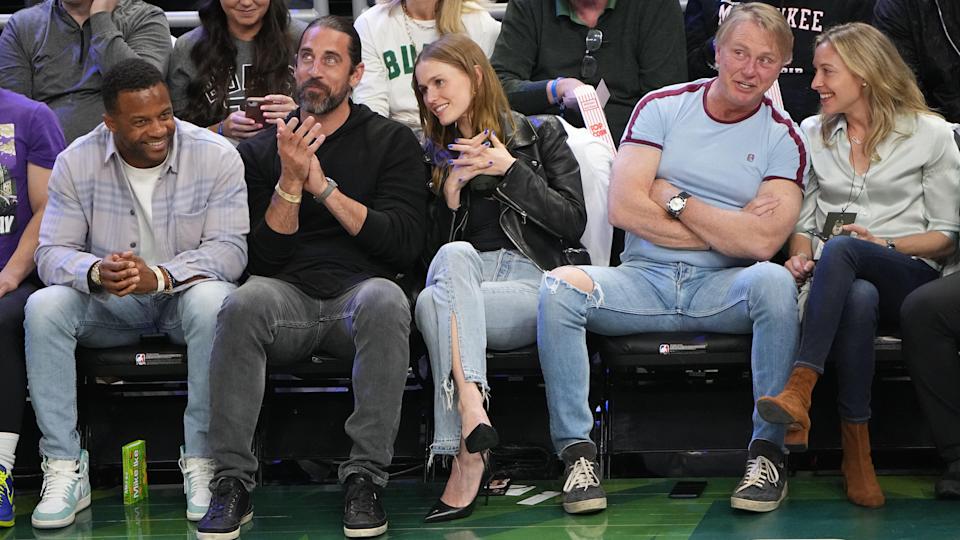 Green Bay Packers receiver Randall Cobb, far left, and quarterback Aaron Rodgers sit next to Mallory Edens (center), Milwaukee Bucks owner Wes Edens and Elizabeth Sharp are courtside for Game 2 of the Bucks' NBA playoff series Wednesday night against the Chicago Bulls.
