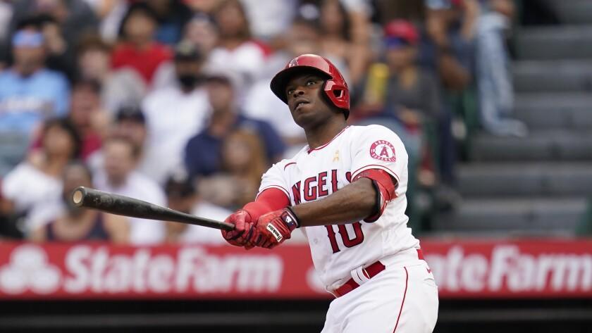 Los Angeles Angels' Justin Upton (10) hits a foul ball during a baseball game against the New York Yankees.