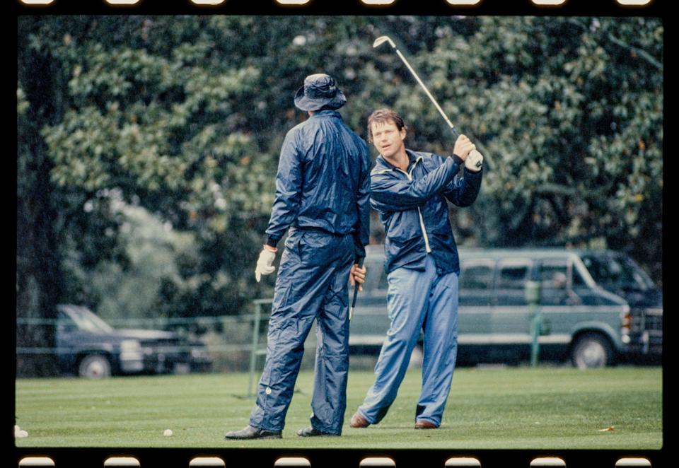 Tom Watson practices at the Augusta National Golf Course driving range during the 1982 Masters.