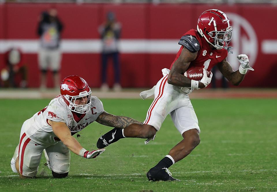 Jameson Williams #1 of the Alabama Crimson Tide is one of the top WR prospects in the NFL Draft