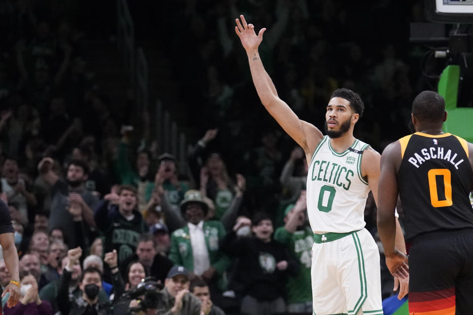 Boston Celtics forward Jayson Tatum (0) during an NBA basketball game, Wednesday, March 23, 2022, in Boston. (AP Photo/Charles Krupa)