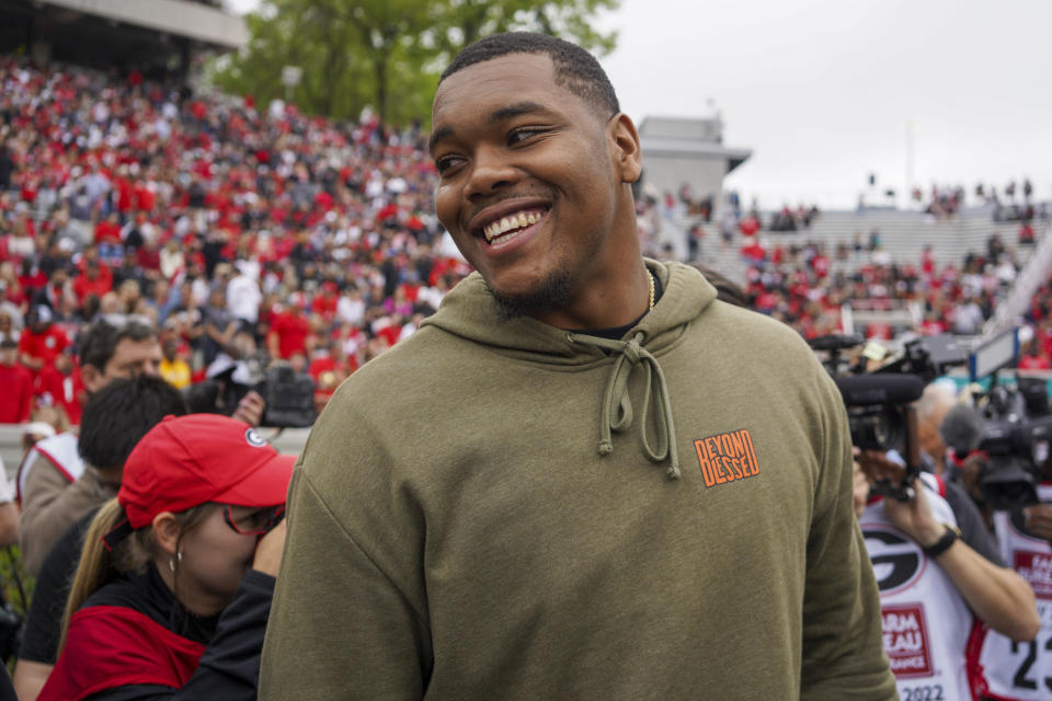 Georgia's Travon Walker believes he's still in play for the No. 1 overall pick in the 2022 NFL draft. (AP Photo/Brett Davis)