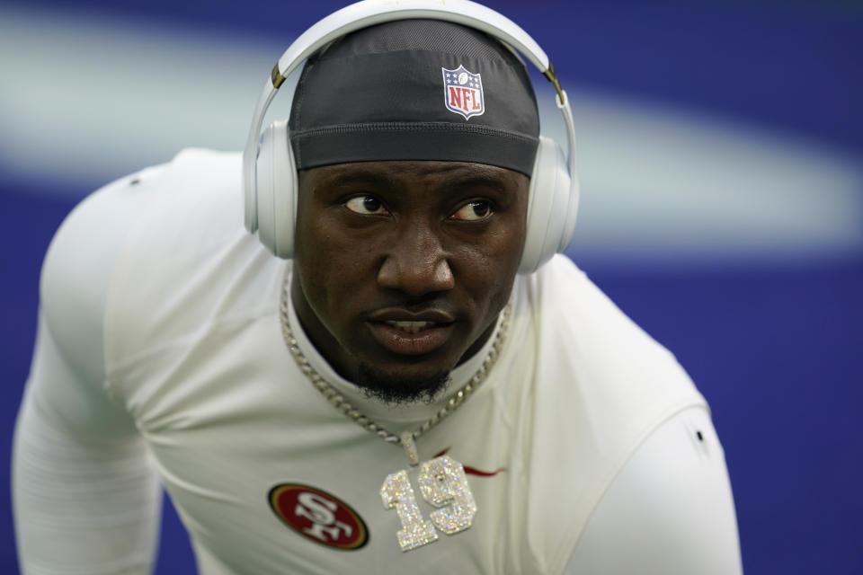 There's a rather robust trade market for Deebo Samuel. But those teams must decide what they're willing to give up — and the 49ers must decide if they're even willing to deal him. (AP Photo/Marcio Jose Sanchez, File)