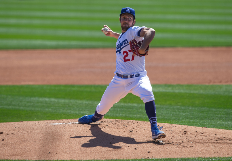 GLENDALE, AZ - MARCH 01: Trevor Bauer #27 of the Los Angeles Dodgers pitches during a spring training game.