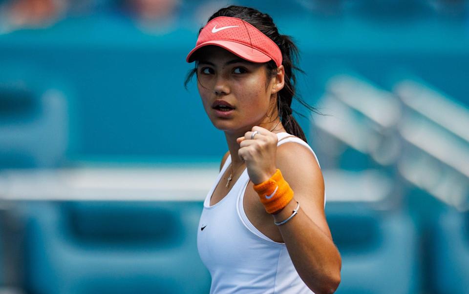 Emma Raducanu of Great Britain celebrates against Katerina Siniakova of the Czech Republic in the second round of the Miami Open at the Hard Rock Stadium on March 24, 2022 in Miami Gardens - - GETTY IMAGES