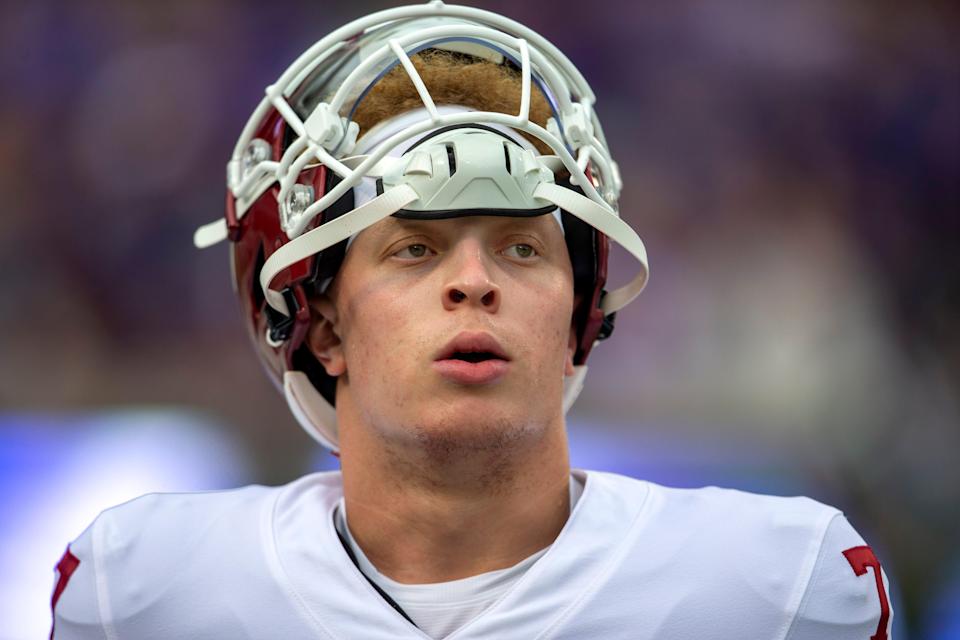 Oklahoma quarterback Spencer Rattler looks toward the scoreboard before the start of the game against Kansas State.