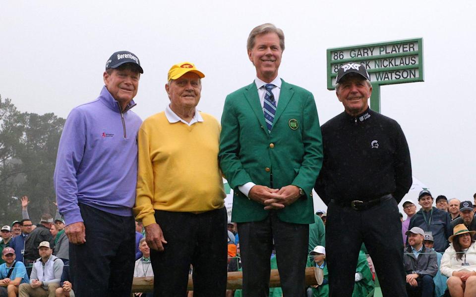 Tom Watson (left to right), Jack Nicklaus, Fred Ridley and Gary Player - - REUTERS