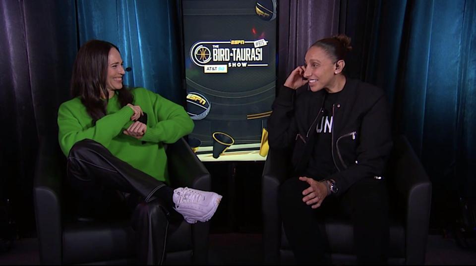 Sue Bird (left) and Diana Taurasi co-host an NCAA championship show for ESPN.