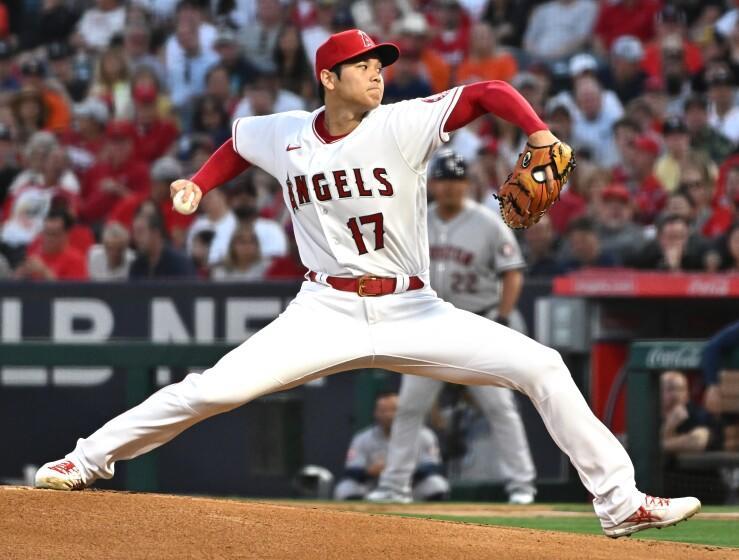 Anaheim, California April 7 2022- Angels pitcher Shohei Ohtani throws a pitch.