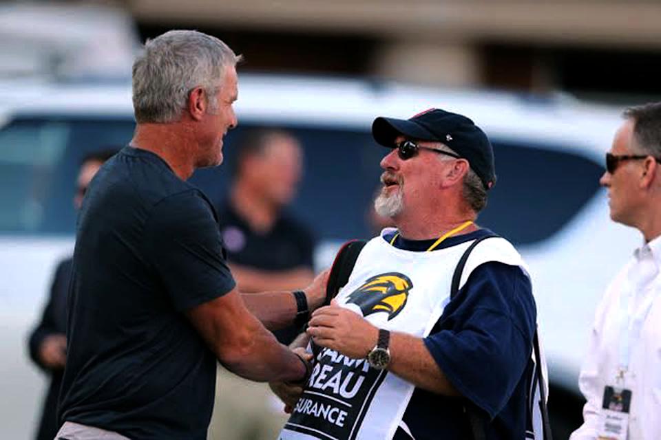 Brett Favre and Tim Isbell meet before a game at Southern Mississippi in 2016. (Chuck Cook-USA TODAY Sports)