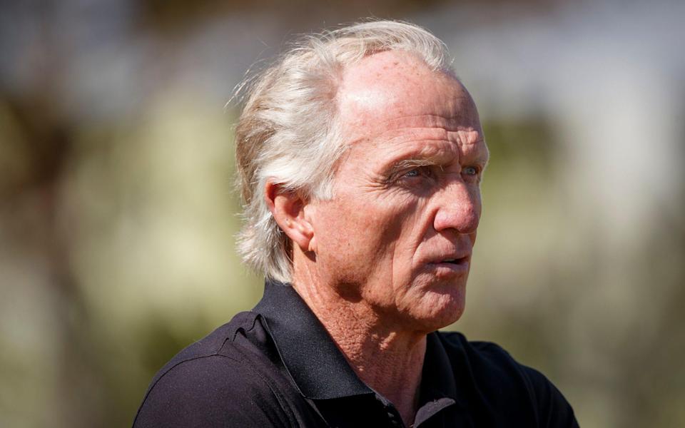 Greg Norman, CEO of Liv Golf Investments talks to the media during a practice round prior - Getty Images