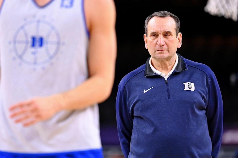 75-year-old Duke coach Mike Krzyzewski watches his team practice on Friday.